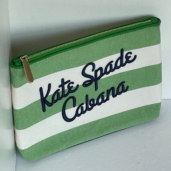 Kate Spade Cabana Green Stripe Pouch Medium Canvas Zip Clutch Cosmetic Bag - Picture 2 of 8